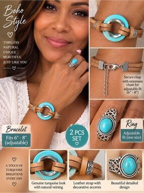 Boho Turquoise Leather Bracelet & Ring Set - Tan Strap